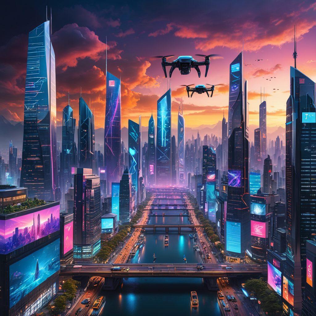 A futuristic city skyline with towering skyscrapers adorned with holographic displays showcasing various emerging technologies like AI, IoT, and blockchain. In the foreground, diverse professionals collaborate with advanced gadgets, illustrating innovation in IT solutions. The sky is filled with drone taxis and digital interfaces, blending nature with technology. vibrant colors. cyberpunk.
