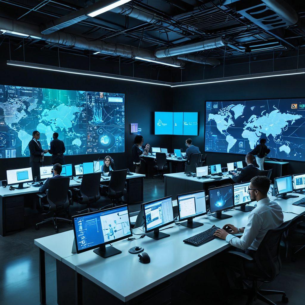 An inspiring and futuristic office setting where professionals collaborate over advanced technology, showcasing diverse individuals engaged in cybersecurity tasks. In the background, digital screens display live security analytics and cloud services symbols. The atmosphere radiates innovation and empowerment, illuminated by soft blue and green lighting. super-realistic. vibrant colors. dynamic composition.