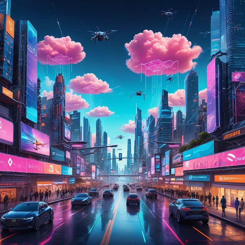 A futuristic landscape showcasing a bustling city with advanced technologies like drones, autonomous vehicles, and holographic displays. Include diverse people interacting with virtual interfaces and smart devices, symbolizing the integration of technology in everyday life. A clear sky with digital clouds and circuits interwoven, representing the digital transformation. vibrant colors. cyberpunk.